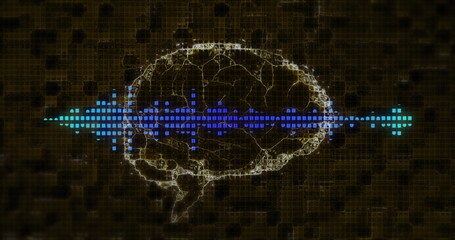Wall Mural - digital brain and sound wave image over dark grid background
