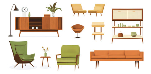 Wall Mural - Set of trendy sofas, armchairs, with cushions in retro mid-century style. Modern soft furniture collection