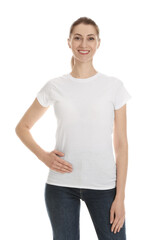 Wall Mural - Woman wearing cotton t-shirt on white background