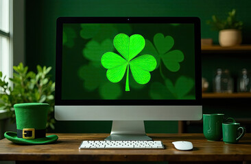 Laptop with a green clover on the monitor in a magical decor for St. Patrick's Day. Seasonal remote work, internet, a holiday card, shopping, Luck, green house. 