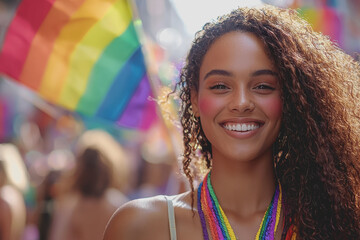 Wall Mural - Woman with long curly hair wearing a colorful rainbow necklace smiling outdoors