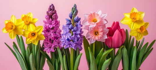 Canvas Print - Springtime Harmony Daffodils, Hyacinths, and Tulips Bloom Vibrantly on Pink Background