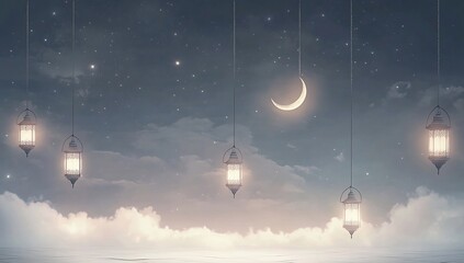 Wall Mural - Lanterns hang under moonlit sky with clouds, good for islamic holiday cards