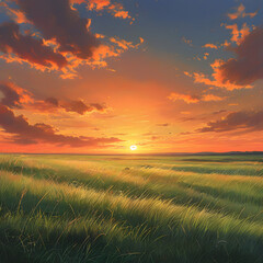 Poster - Sunset over a Grassy Field