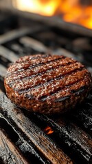 Wall Mural - Juicy Burger Patty Sizzling on a Grill with Flames in the Background Close Up Shot Delicious Food Photography