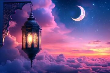 Wall Mural - Lantern hangs at night during Ramadan with moon over clouds for spiritual use