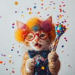  Playful Cat Wearing Colorful Wig and Red Glasses Surrounded by Confetti Celebrating a Festive Occasion with a Party Horn in Its Paw