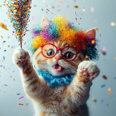  Playful Cat with Colorful Wig and Festive Party Decorations Celebrating with Joy and Cheer in a Vibrant and Lively Atmosphere