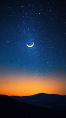 Wall Mural - serene nightscape with crescent moon shining above mountain range under a starry sky in deep blue an