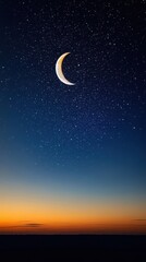 Wall Mural - crescent moon shines brightly in the starry night sky above a calm horizon during a golden sunset ho