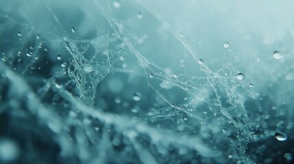 Glistening Spiderweb with Water Droplets Macro Photography Teal and Blue Tones