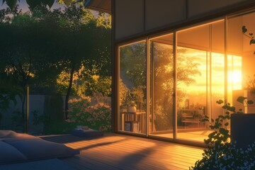 Wall Mural - Stunning house with glass sliding doors showcases modern house and cottage design, illuminated by warm sunset glow. Concept reflects harmony of nature and contemporary architecture