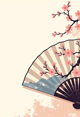 Wall Mural - Japanese Folding Fan with Cherry Blossom Art, Minimalist Flat Lay Illustration, Copy Space for Text