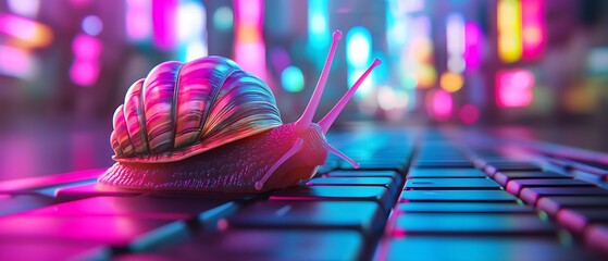 Canvas Print - Neon snail crawling slowly on a keyboard.