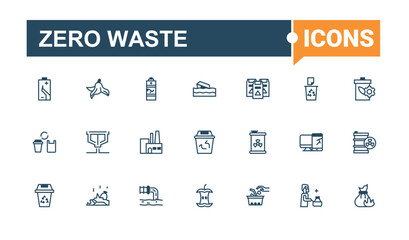 Zero Wasting icons set. Contains such icons as cycle, trash, green, less, recycle, bottle, eco and more. Simple icon designs. Solid line editable stroke.