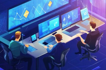 Wall Mural - A group of blockchain developers collaborating on a new decentralized application in a modern office setting .