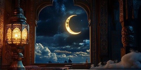 Wall Mural - Ramadan lantern illuminates a moonlit window, celebrating faith and culture