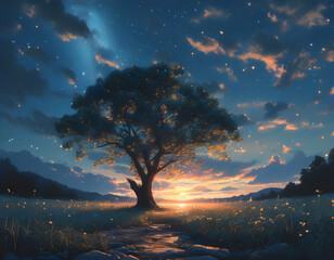 Poster - Lonely Tree Under Starry Sky