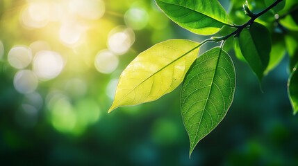 Canvas Print - Sunlit green leaves on a branch, bokeh background.