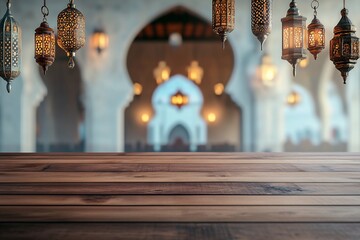 Canvas Print - Festive lanterns hang over wooden table in temple, celebrating traditional holiday