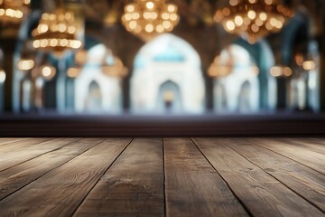 Poster - Wooden surface, interior mosque background; product display, presentations, ads