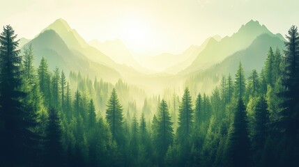  Majestic Mountain Forest: An awe-inspiring view of a dense evergreen forest leading to distant mountain ranges, bathed in soft sunlight, creating a serene and picturesque natural landscape.