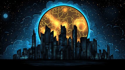 Wall Mural - city skyline beneath a cosmic celestial body