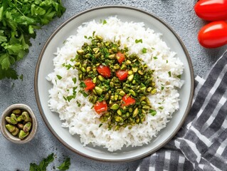 Wall Mural - Savoring White Rice with Grilled Pistachios Kitchen Food Presentation Home Top View Culinary Delight