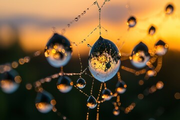 A captivating macro image of dew-covered spiderweb reflecting the golden sunrise and a clock face, symbolizing time's fleeting beauty captured in nature's intricate design.