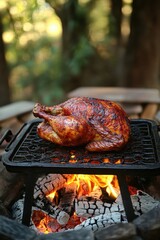 Wall Mural - Roasted chicken perfection on grill over open fire pit outdoor cooking delicious meal preparation barbecue