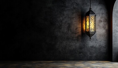 Wall Mural - Lit lantern hangs in dark room; festive, religious, and traditional setting