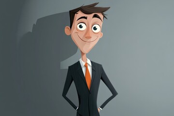 Wall Mural - A cartoon illustration of a confident businessman with a subtle smile, hands in pockets, against a gray backdrop.