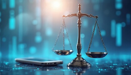 Leinwandbilder - Scales of Justice near modern smartphone on futuristic blue data network background. Scales symbolise fairness, equality in ethical AI systems, judgement. Jurisprudence, unbiased artificial