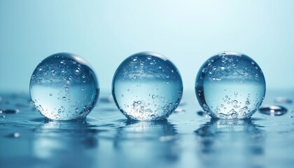 Poster - Three transparent water balls bubbles stand in clean light blue water. Abstract clear liquid spheres with air bubbles. Round circle shape. Shiny wet surface. Perfect for science, cosmetics clean
