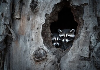 Two baby raccoons peeking from tree hole, forest background, wildlife photography