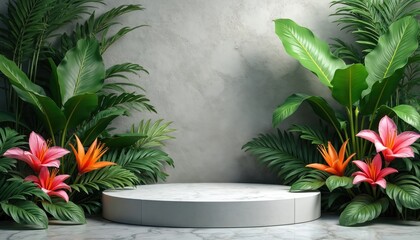 Aufkleber - Round podium for product presentation framed by green tropical plants, orange and pink flowers. Space for product advertising, promotions. Modern design template on wall background with copy space.