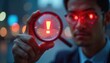 © miss irine - Businessman with magnifier investigates incident, with exclamation mark inside magnifying glass. Risk management, root cause analysis, security incident monitoring, hazard identification, disaster