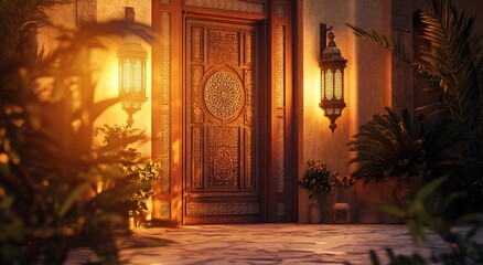 Canvas Print - Ornate Doorway in Exotic Setting with Warm Lighting for Travel Advertisement