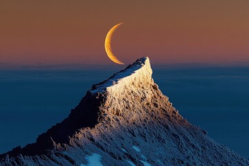 Canvas Print - Crescent moon sets over a snow-capped mountain peak at sunset, creating a breathtaking celestial scene.