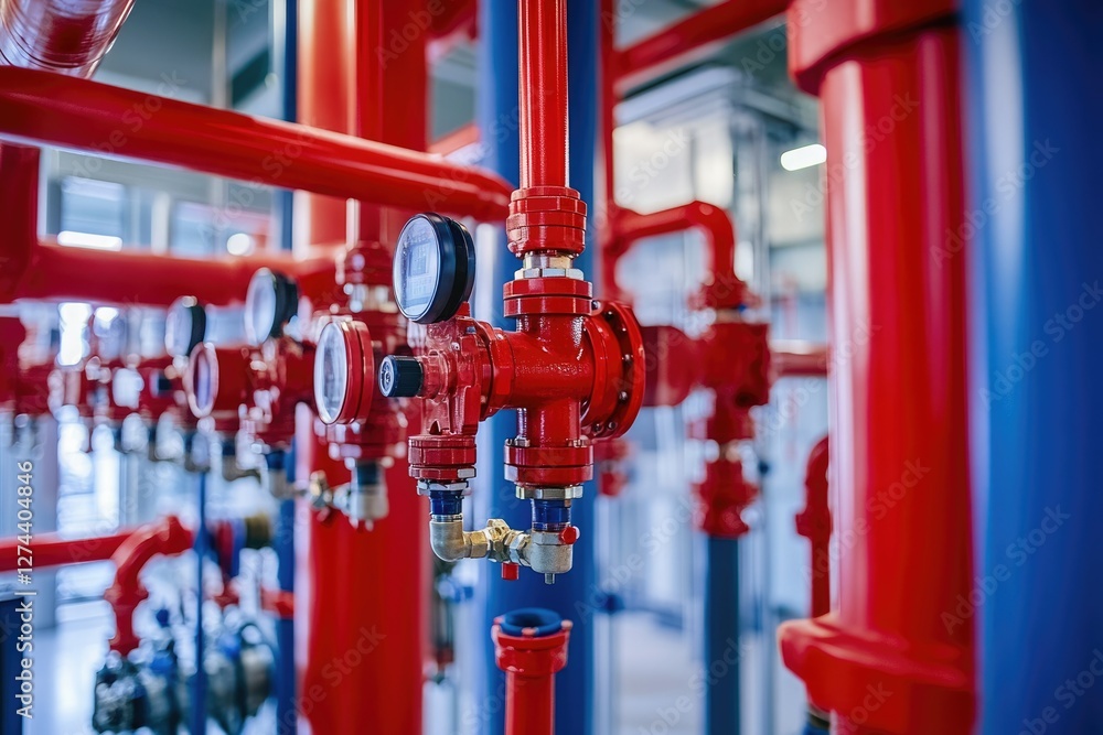 Valve Control Room Ilustração Urban Aerial View of Fire Pump Control Room: Red Piping and ...