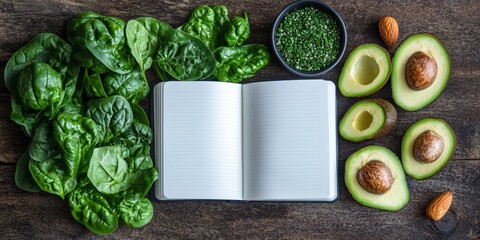 Wall Mural - Flat Lay of Open Notebook, Spinach, Avocados, Brazil Nuts, and Parsley on Rustic Wooden Background