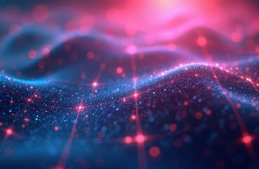 Poster - Abstract futuristic background with pink, blue glowing neon wave lines and bokeh lights. Data transfer concept wallpaper. Fantastic illustration design. High speed streaming of digital data.