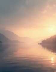 Wall Mural - Scenic sunrise over calm lake waters reflecting sky with pastel orange, blue colors. Mountains silhouette on horizon. Peaceful nature landscape for meditation, relaxation background. Early morning