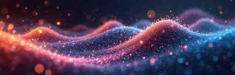 Poster - Illustration of abstract digital wave flowing through data represented with red, blue lights. Flowing waves evoke sense of modern hi-tech, futuristic technologies. Great as background for data,