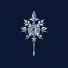 Sticker - A refined and elegant blue and white emblem featuring a symmetrical snowflake with regal flourishes, set against a dark background, evoking luxury, winter, and sophistication