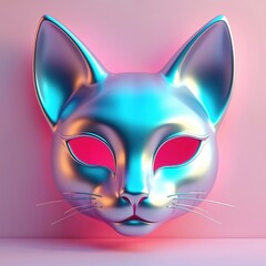 Poster - Futuristic cat mask abstract graphic design concept. Chrome metallic masquerade mask in holographic style liquid. Glossy pastel iridescent mask on light pink background. Carnival costume party.
