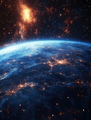Wall Mural - Breathtaking View of Earth from Space with Glowing City Lights and Distant Nebula in the Starry Sky