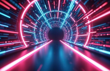 Poster - Abstract futuristic tunnel portal background with pink, blue neon glowing lines. Moving high speed wave, bokeh lights. Data transfer concept wallpaper. Fantastic design technology digital motion.