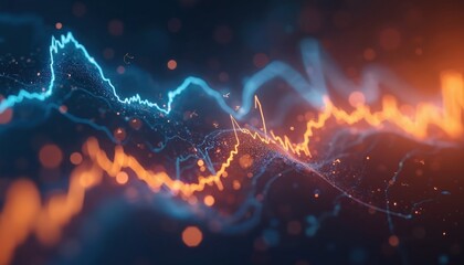 Leinwandbilder - Animated market volatility graph illustration. Blue, orange glowing curves, speedlight lightning effects on shadowy backdrop financial flux. Concept for finance, forex, economy, stock market