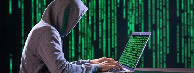 A hooded figure in a dark room illuminated by green lines of code on a laptop screen, cybercriminal hacking into encrypted data, digital espionage